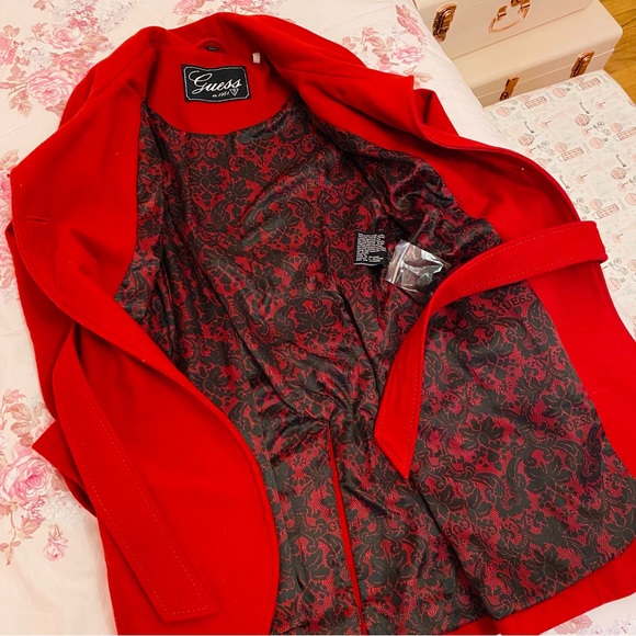 Nwt NEW Guess Red Wool Coat XS Button up winter pea tie belted peacoat jacket - Picture 15 of 15